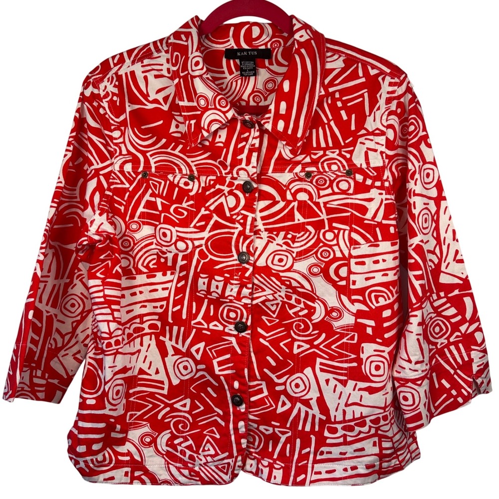 KAK‎ TUS Women's Art Red White Abstract Print Denim Jacket Size L